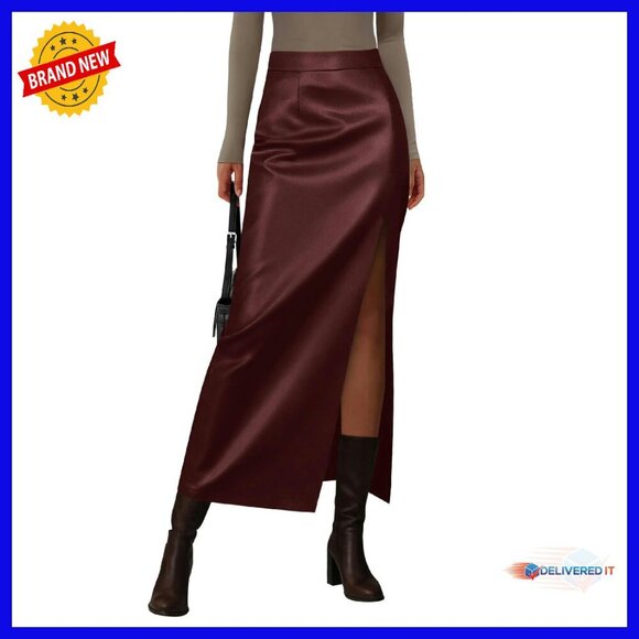 Faux Leather Maxi Pencil Skirt High Waist Side Slit Work Office